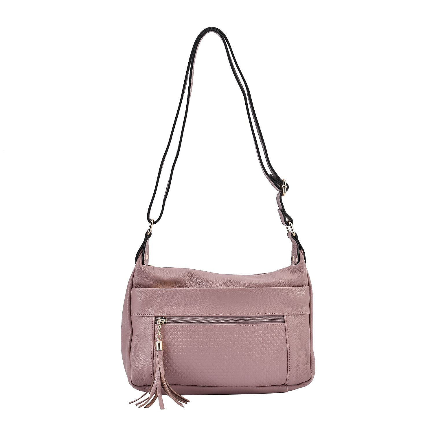 Genuine Leather Solid Crossbody Bag with Shoulder Strap - Pink