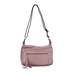 Genuine Leather Solid Crossbody Bag with Shoulder Strap - Pink