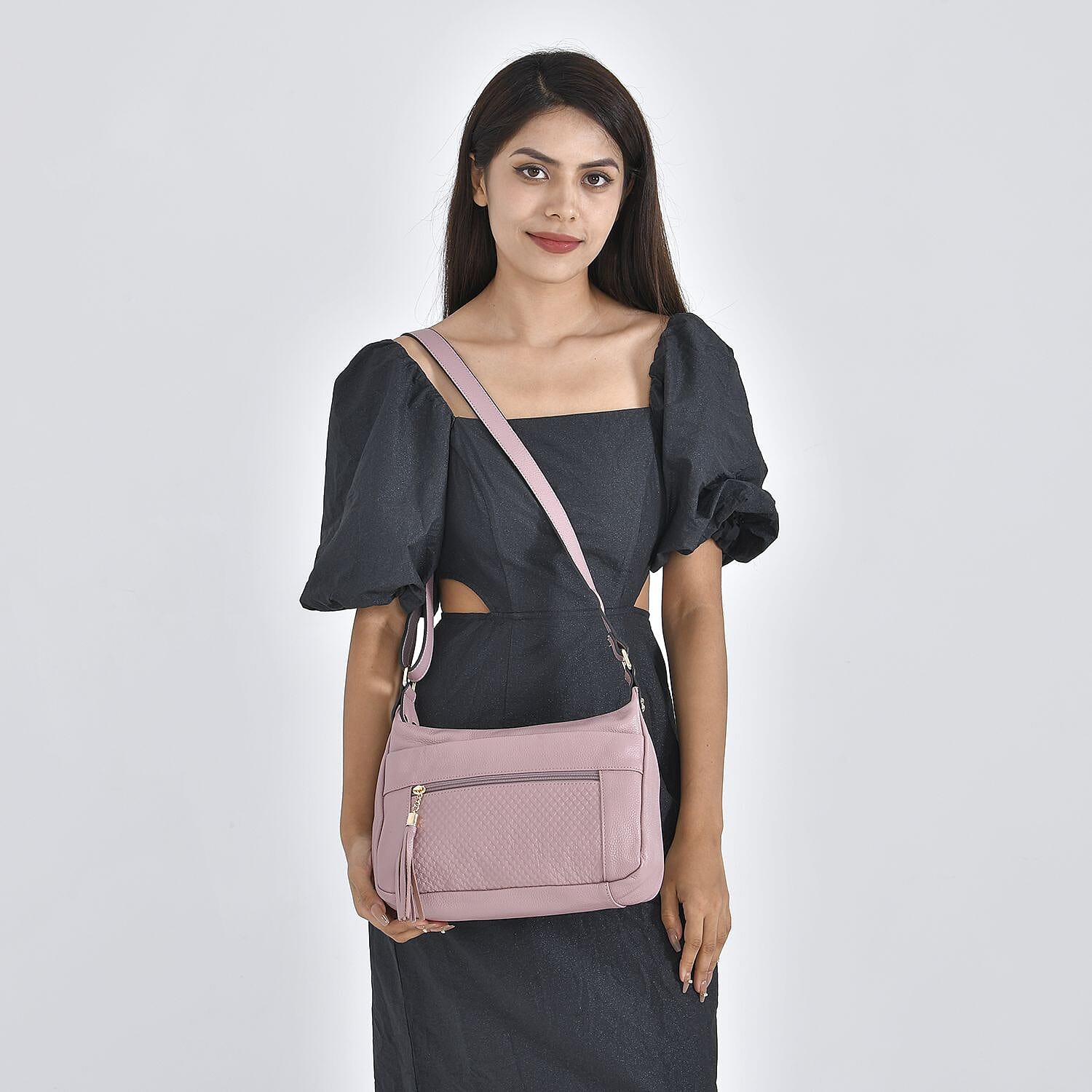 Genuine Leather Solid Crossbody Bag with Shoulder Strap - Pink