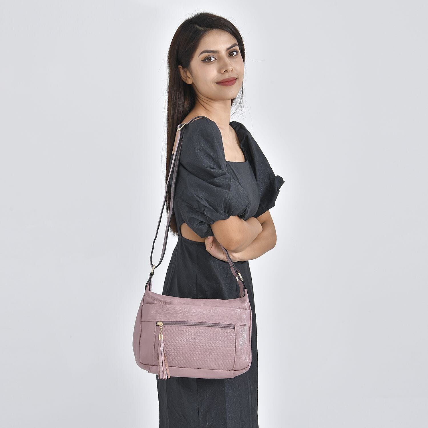Genuine Leather Solid Crossbody Bag with Shoulder Strap - Pink