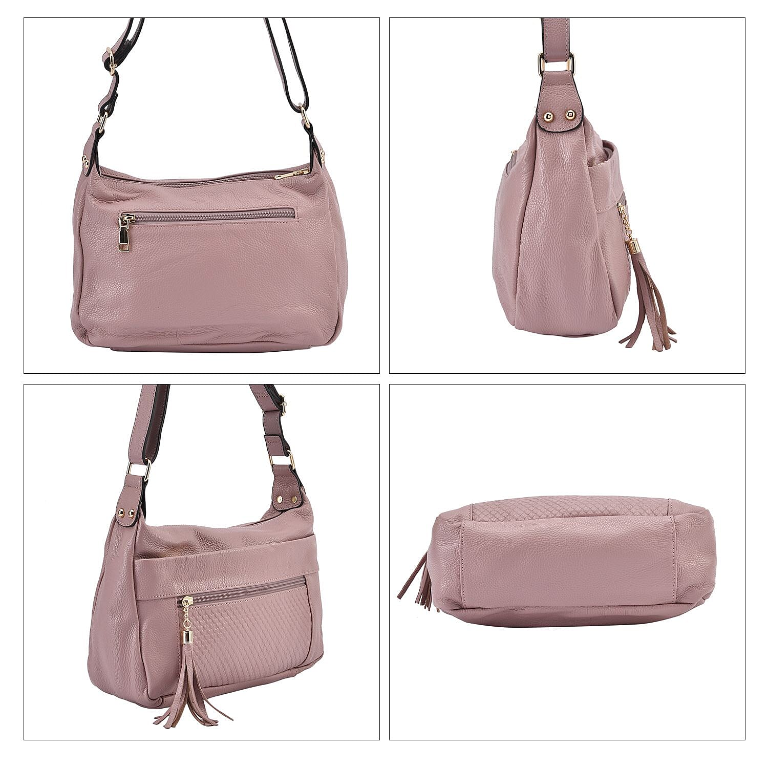 Genuine Leather Solid Crossbody Bag with Shoulder Strap - Pink