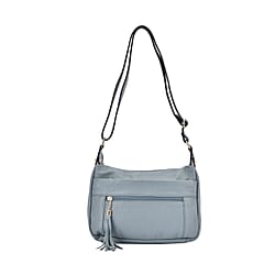 Genuine Leather Solid Crossbody Bag with Shoulder Strap - Blue