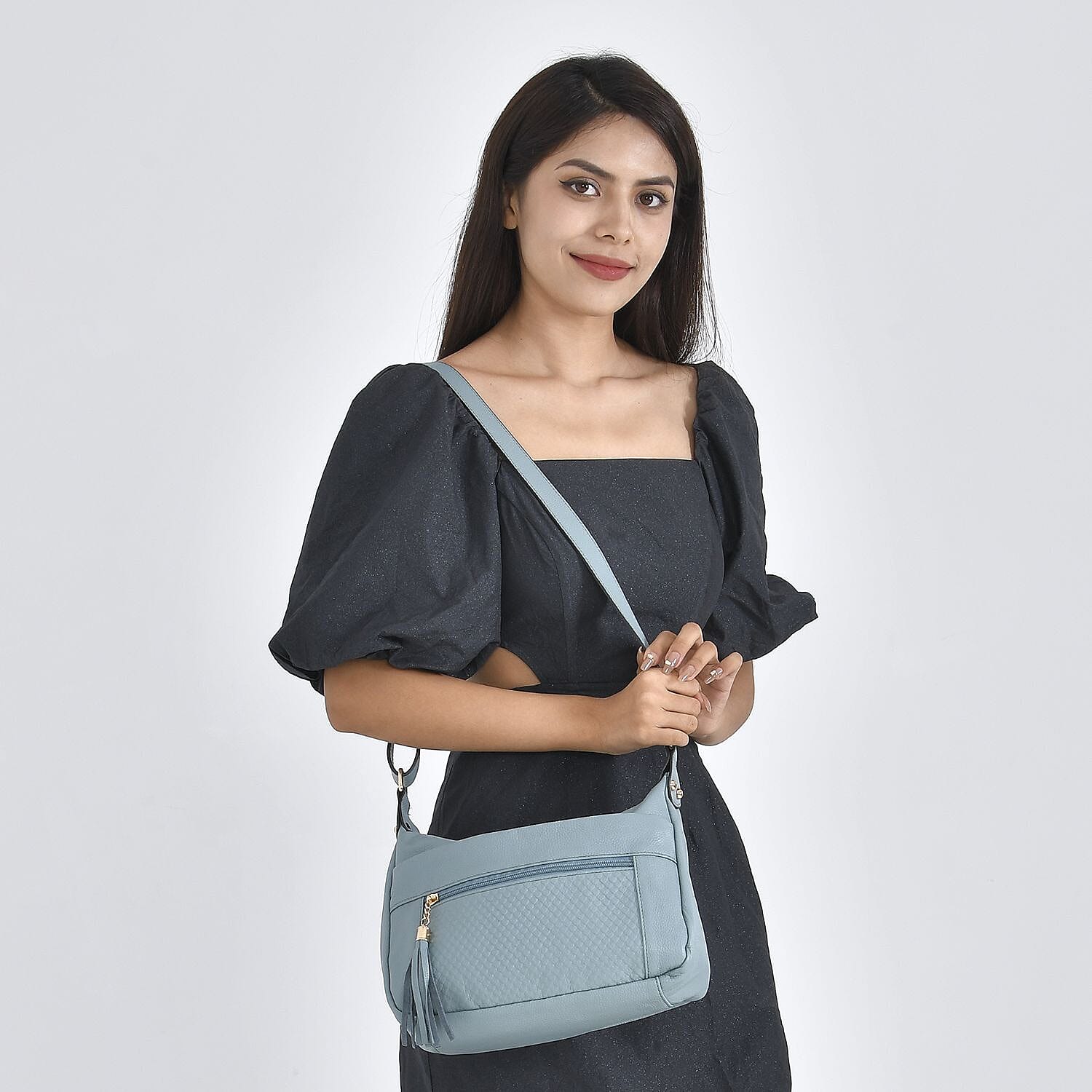 Genuine Leather Solid Crossbody Bag with Shoulder Strap - Blue