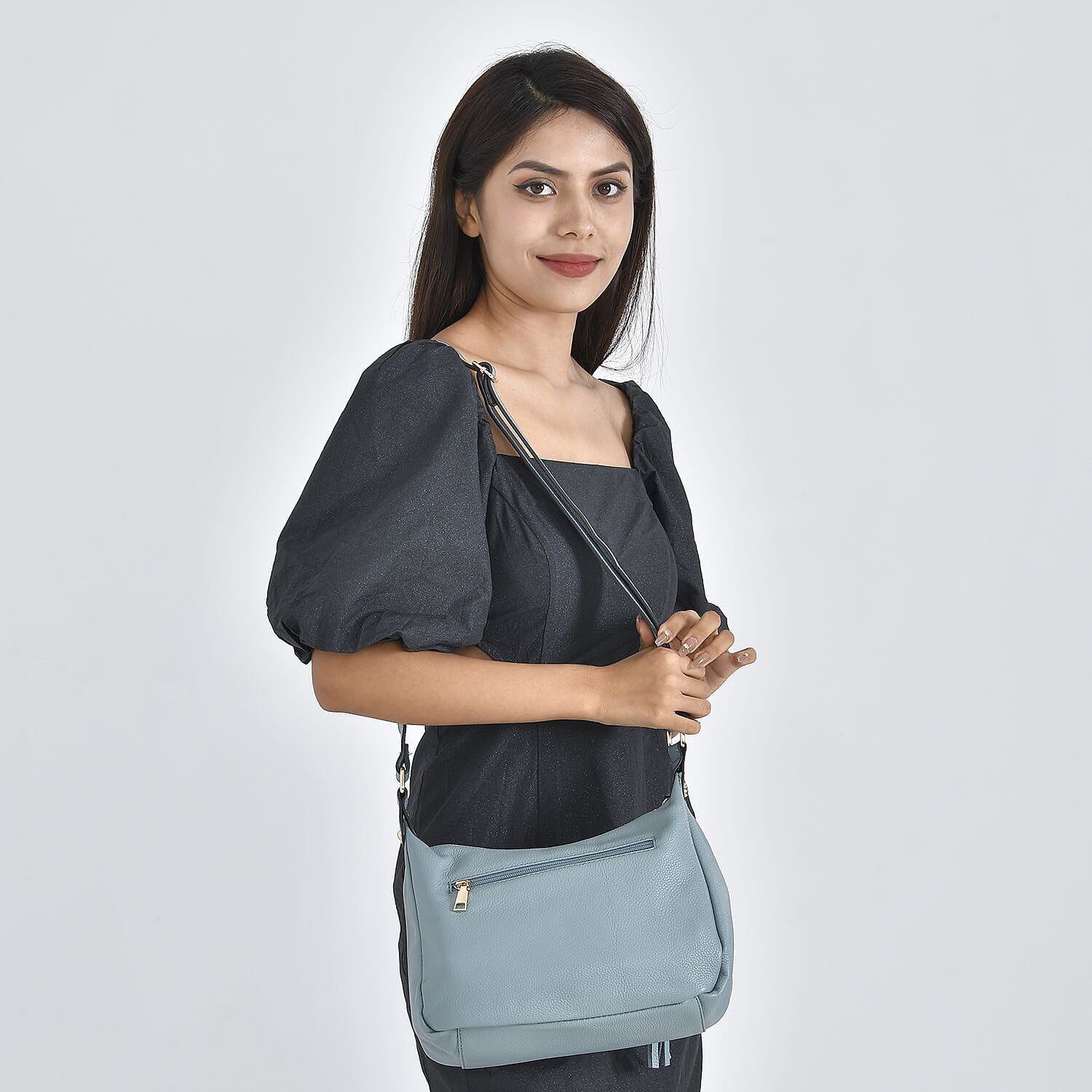 Genuine Leather Solid Crossbody Bag with Shoulder Strap - Blue