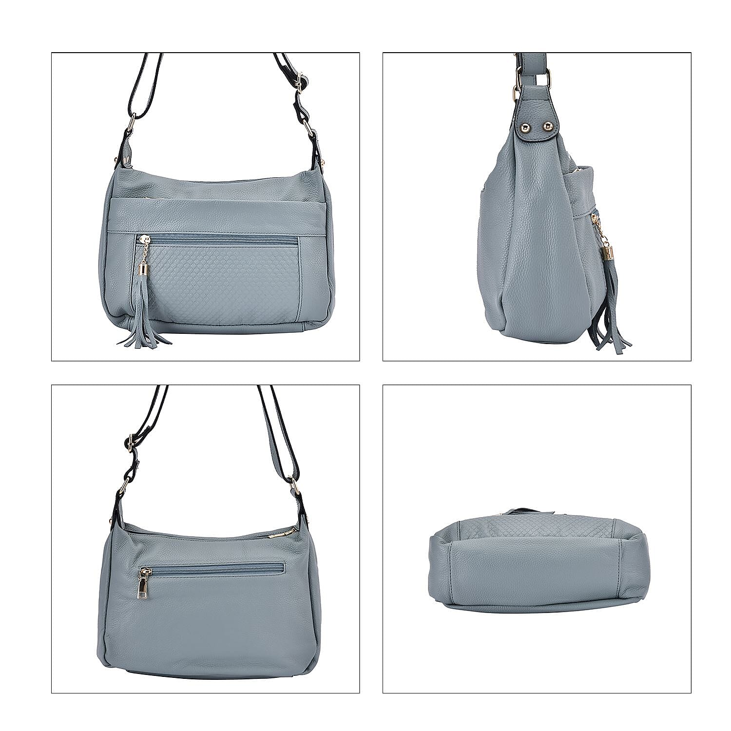 Genuine Leather Solid Crossbody Bag with Shoulder Strap - Blue