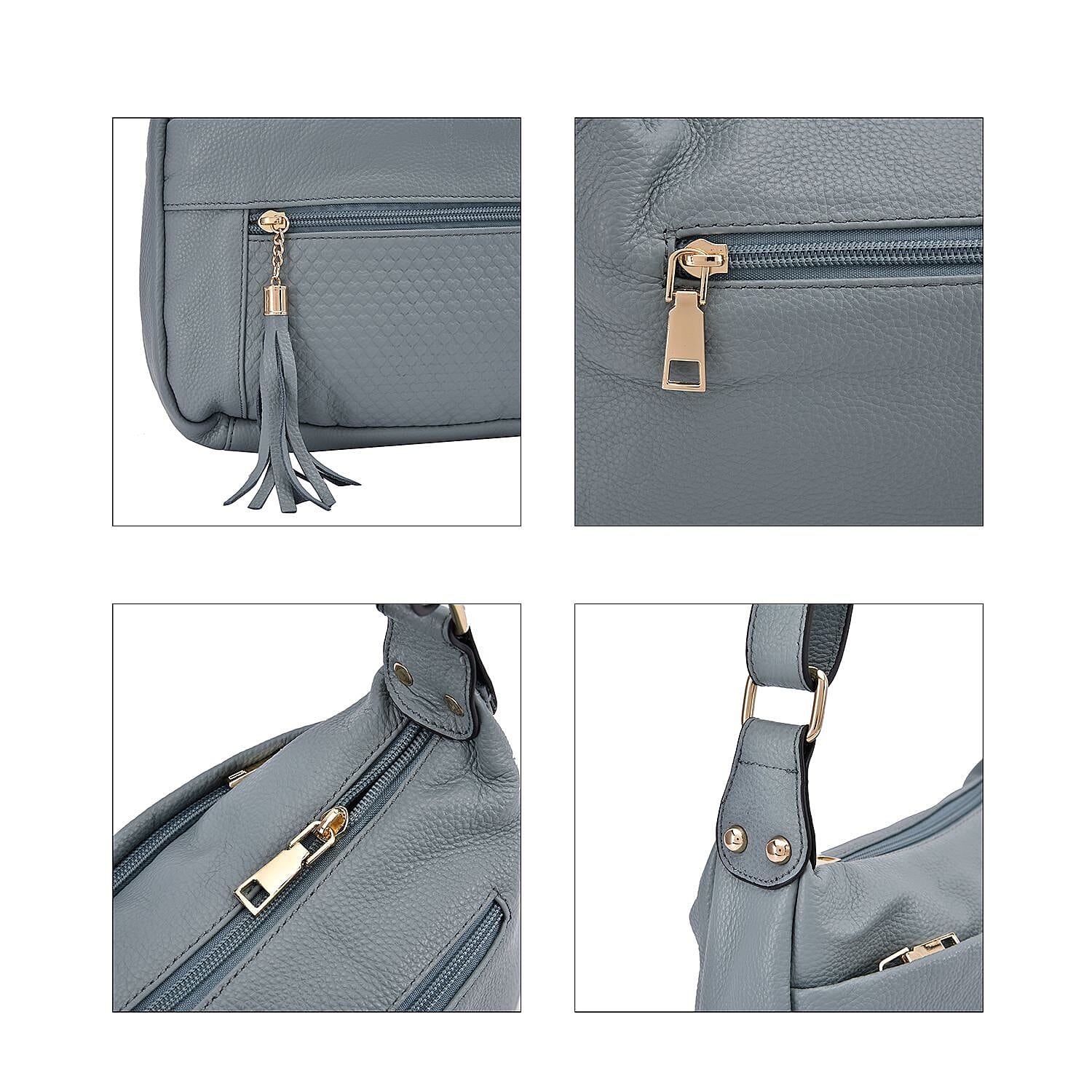 Genuine Leather Solid Crossbody Bag with Shoulder Strap - Blue