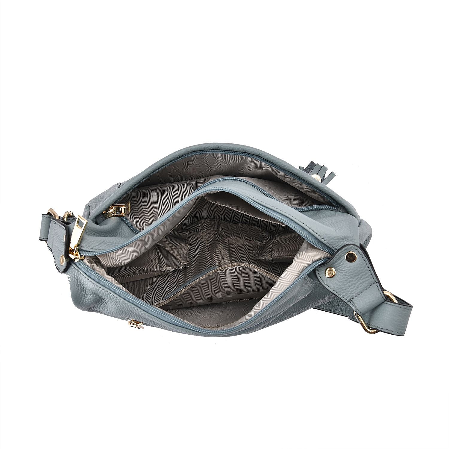 Genuine Leather Solid Crossbody Bag with Shoulder Strap - Blue