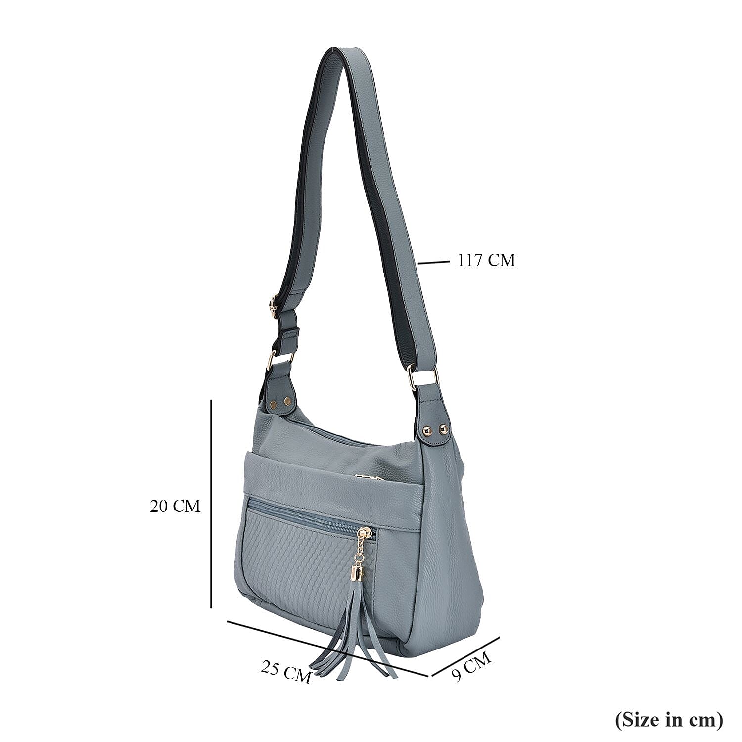 Genuine Leather Solid Crossbody Bag with Shoulder Strap - Blue