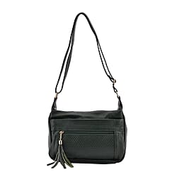 Genuine Leather Solid Crossbody Bag with Shoulder Strap - Dark Green