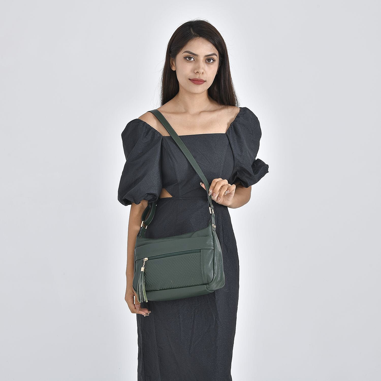 Genuine Leather Solid Crossbody Bag with Shoulder Strap - Dark Green