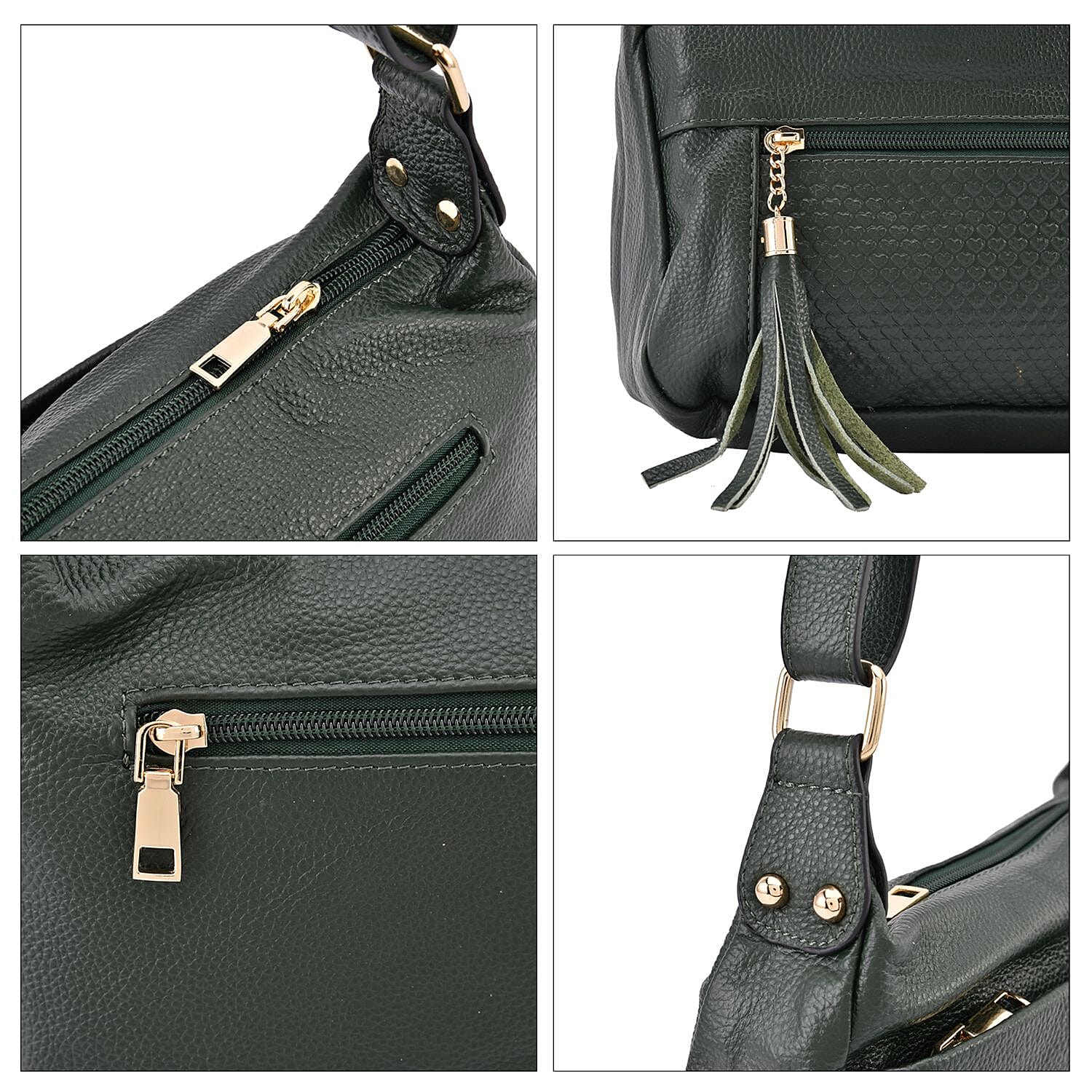 Genuine Leather Solid Crossbody Bag with Shoulder Strap - Dark Green