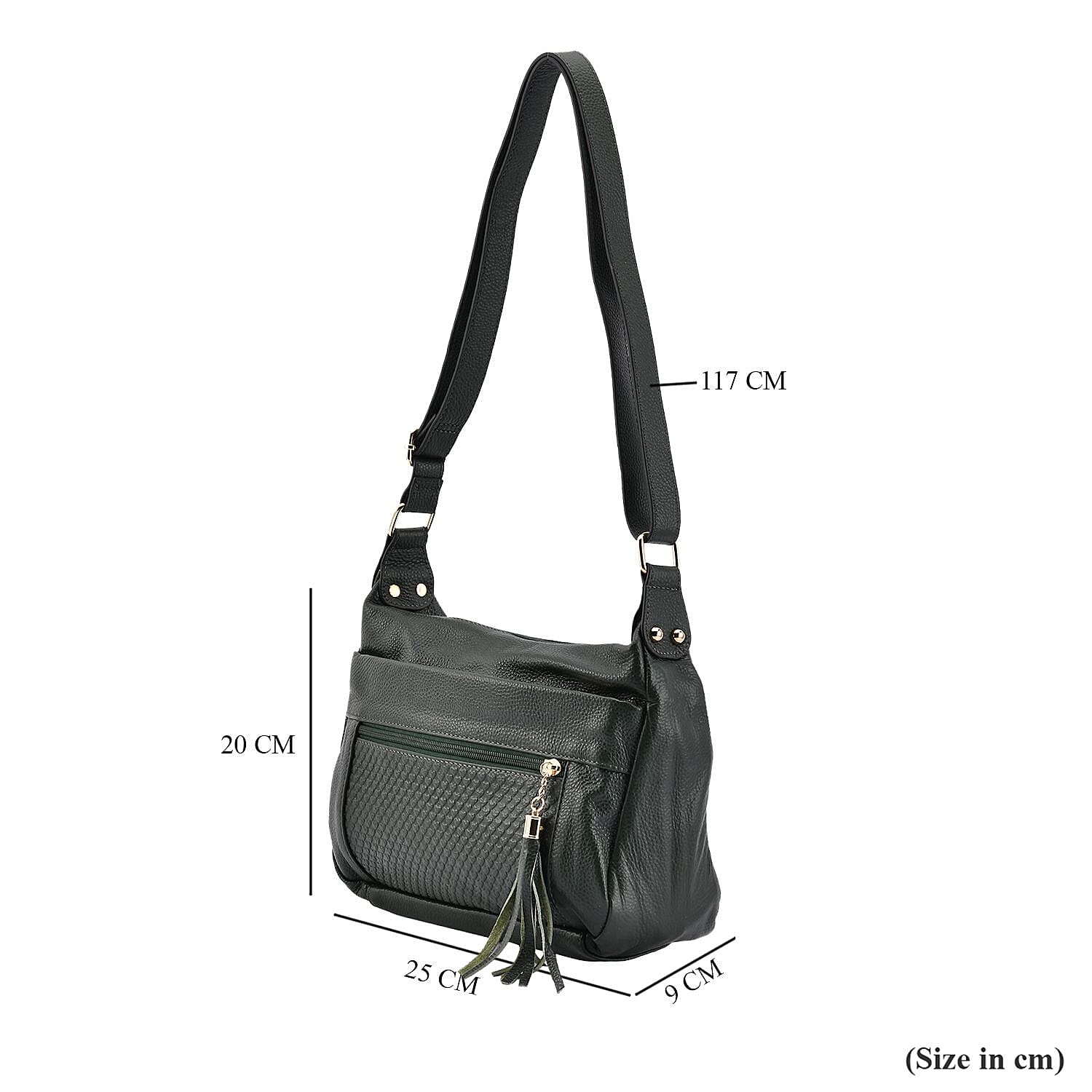 Genuine Leather Solid Crossbody Bag with Shoulder Strap - Dark Green