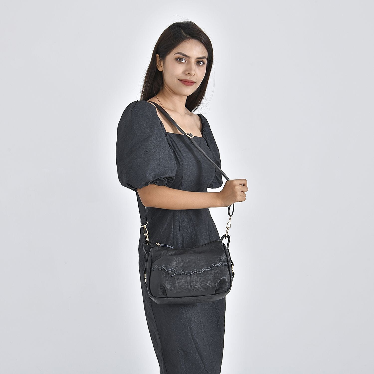  Leather Solid Crossbody Bag (Size 29x9x20 cm) - Black & Black