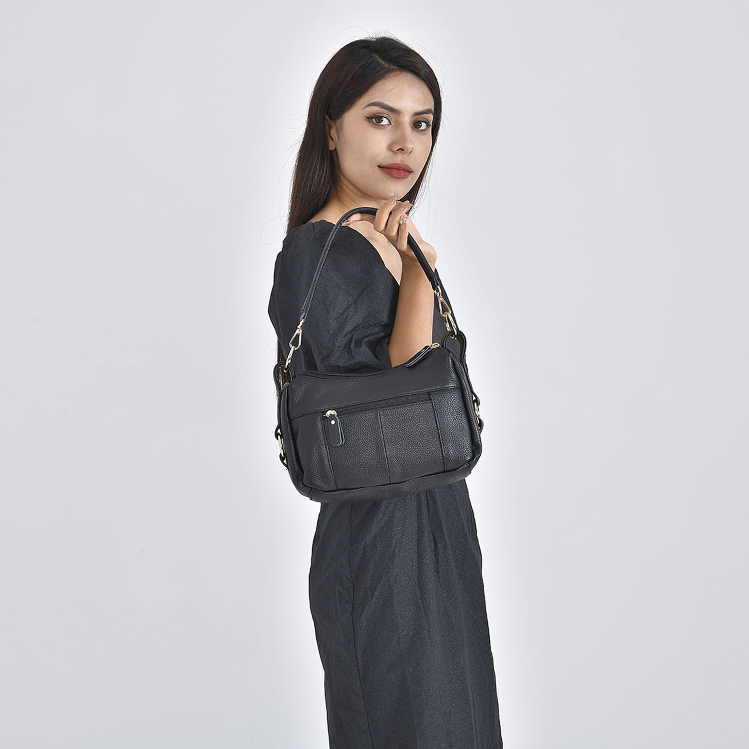  Leather Solid Crossbody Bag (Size 29x9x20 cm) - Black & Black