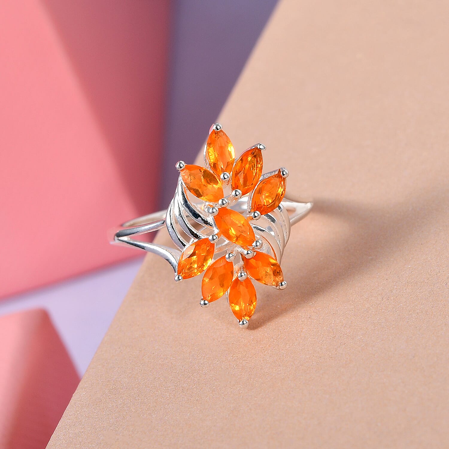 Fire Opal Cluster Ring in Sterling Silver