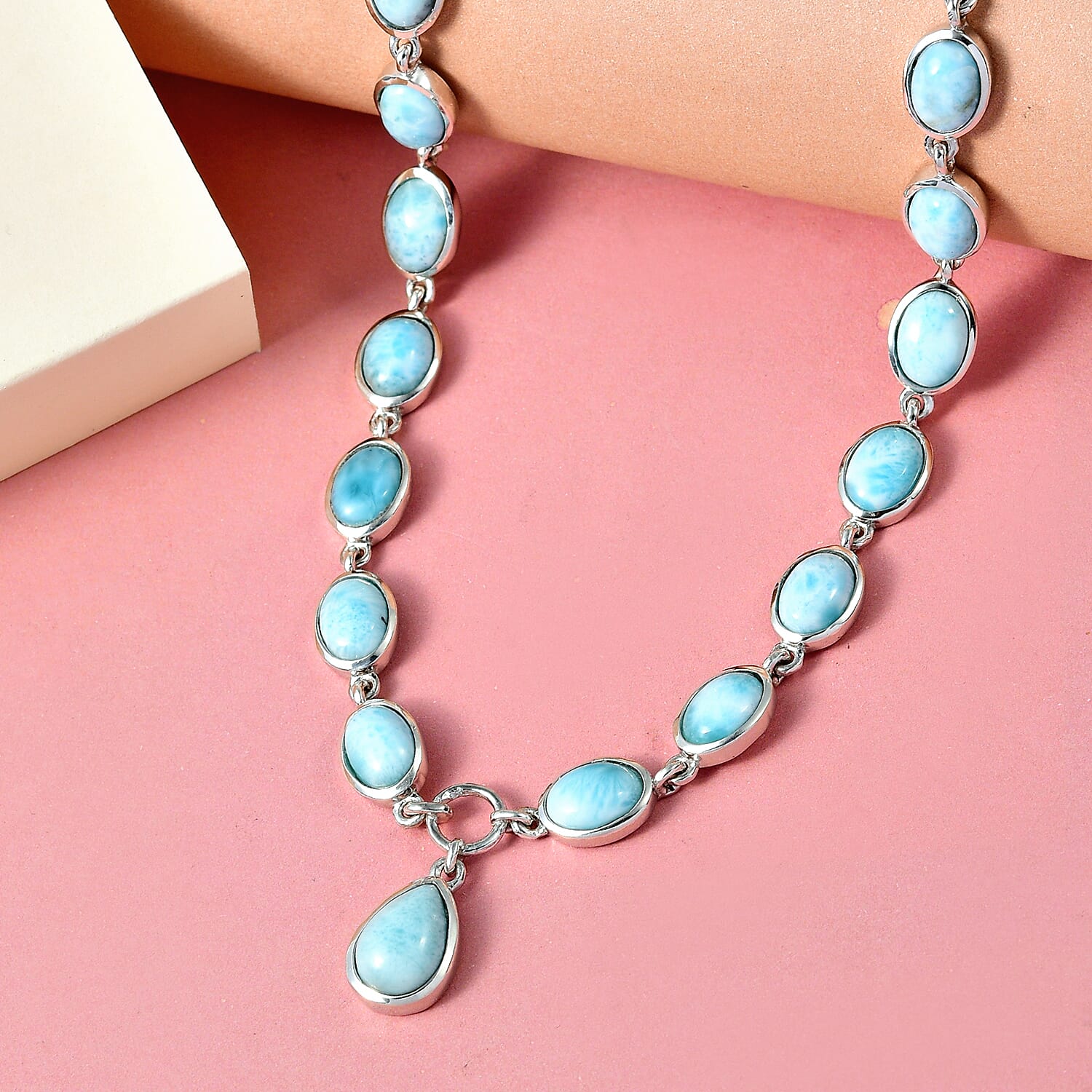 Larimar Necklace (Size 18-2 Inch Ext.) in Platinum Overlay Sterling Silver 20.44 Ct, Silver Wt. 11.50 Gms