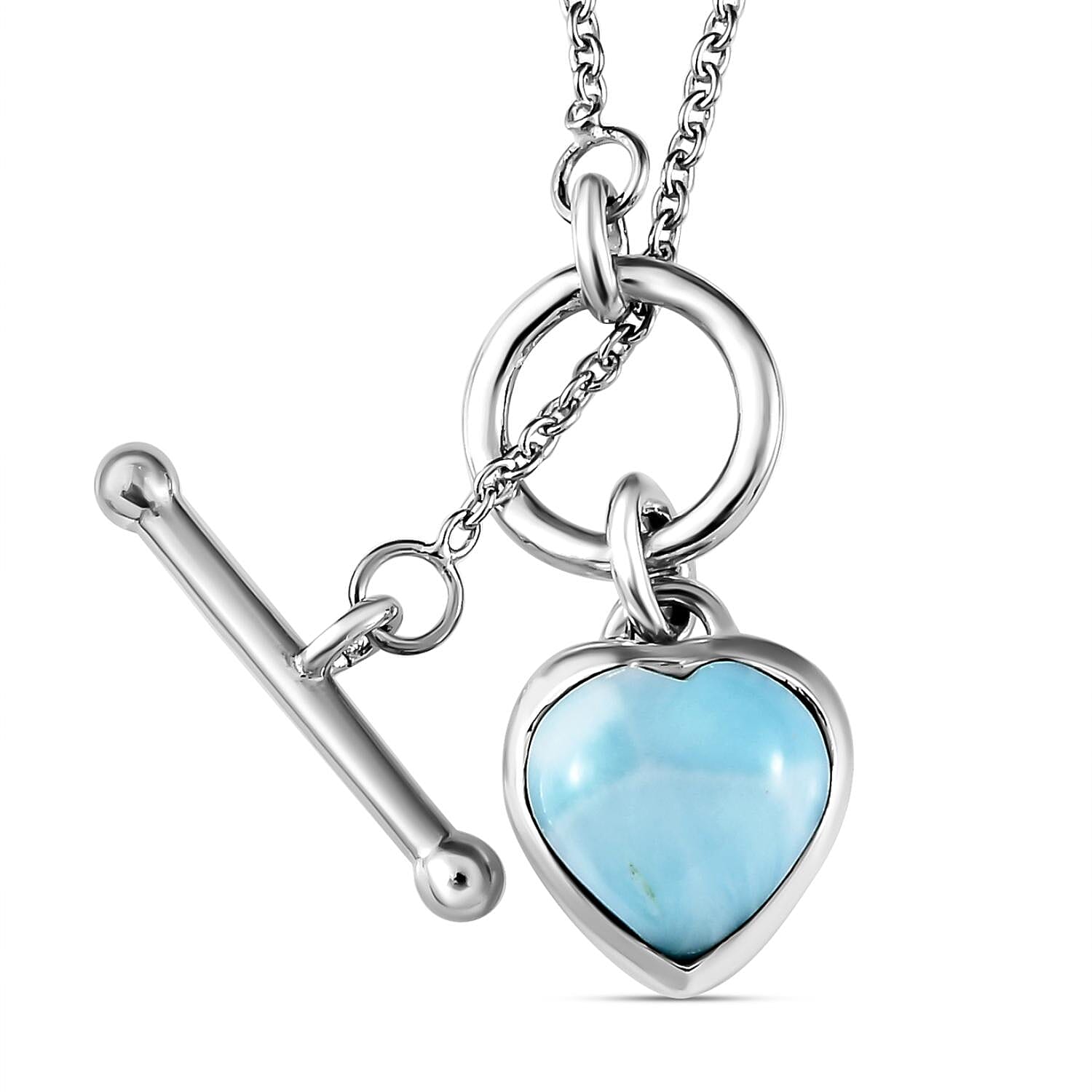 Larimar Heart Necklace (Size - 20) With T-Bar Clasp  in Platinum Overlay Sterling Silver 4.08 Ct