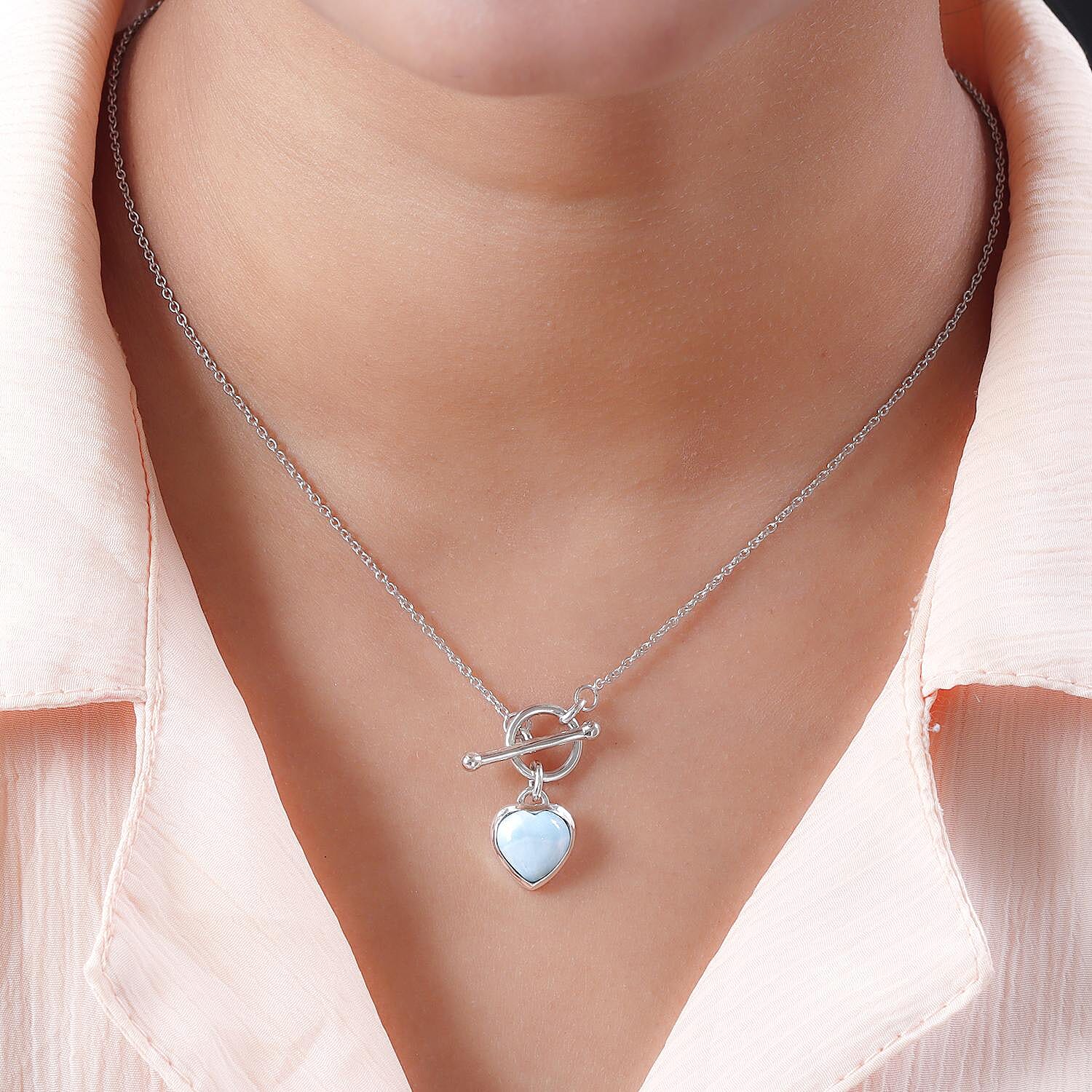 Larimar Heart Necklace (Size - 20) With T-Bar Clasp  in Platinum Overlay Sterling Silver 4.08 Ct