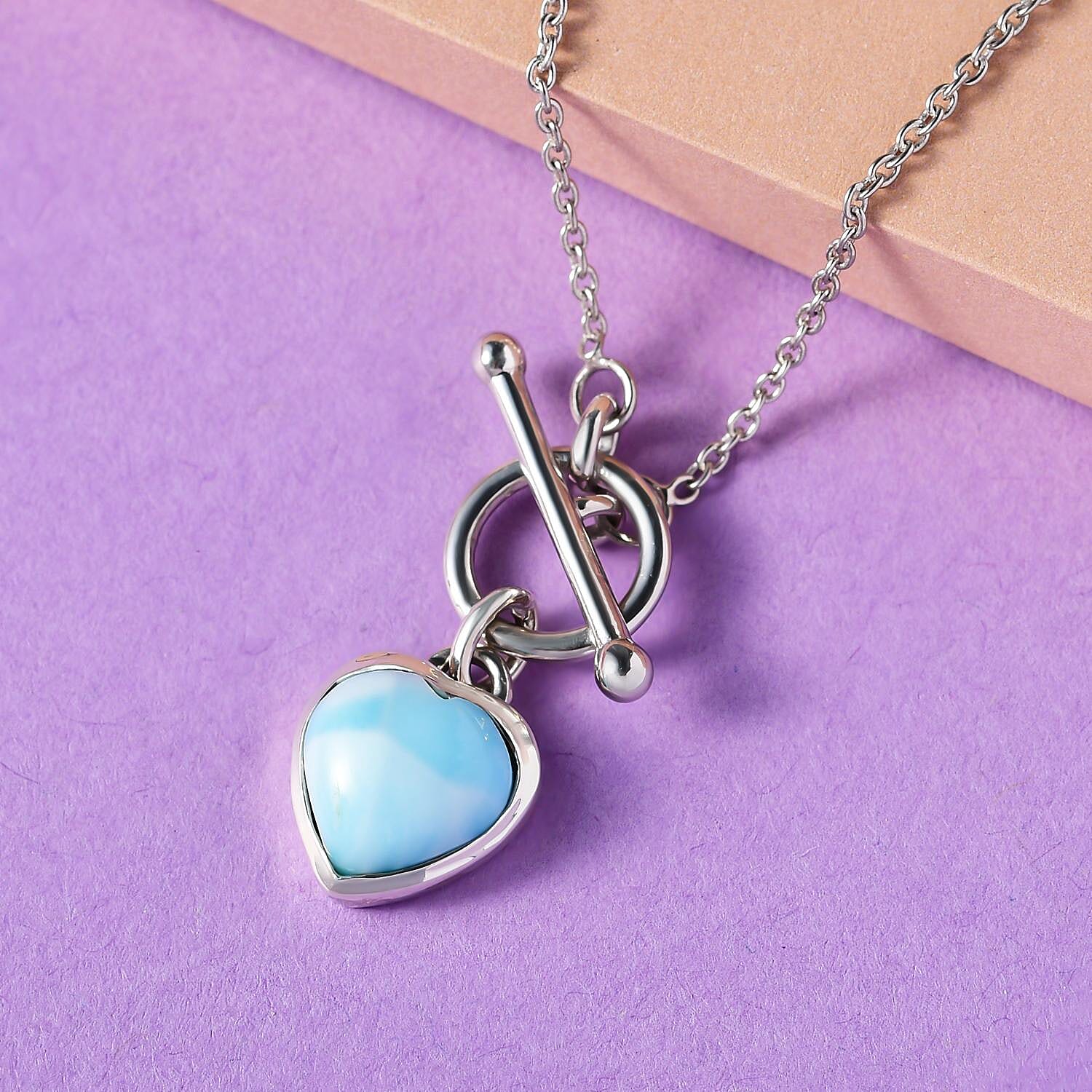 Larimar Heart Necklace (Size - 20) With T-Bar Clasp  in Platinum Overlay Sterling Silver 4.08 Ct