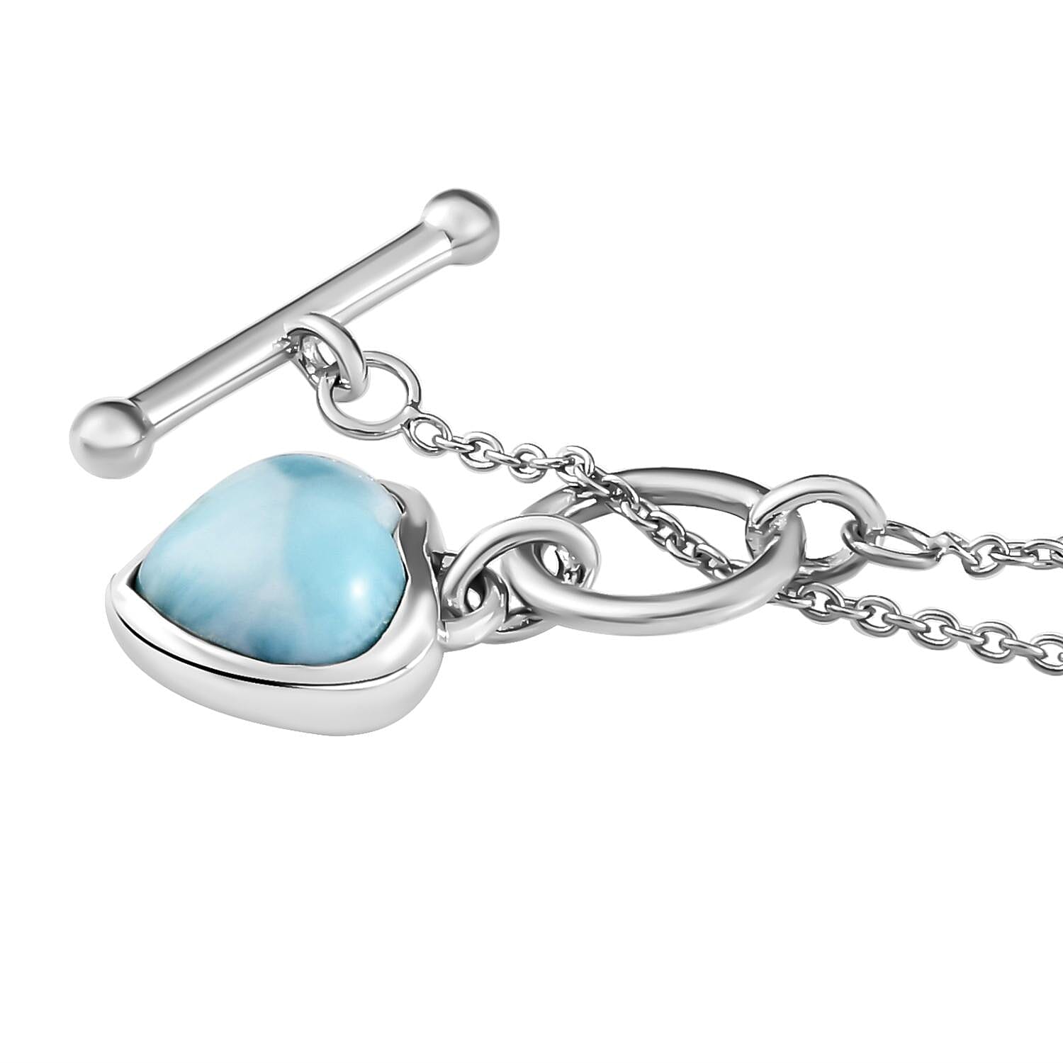 Larimar Heart Necklace (Size - 20) With T-Bar Clasp  in Platinum Overlay Sterling Silver 4.08 Ct
