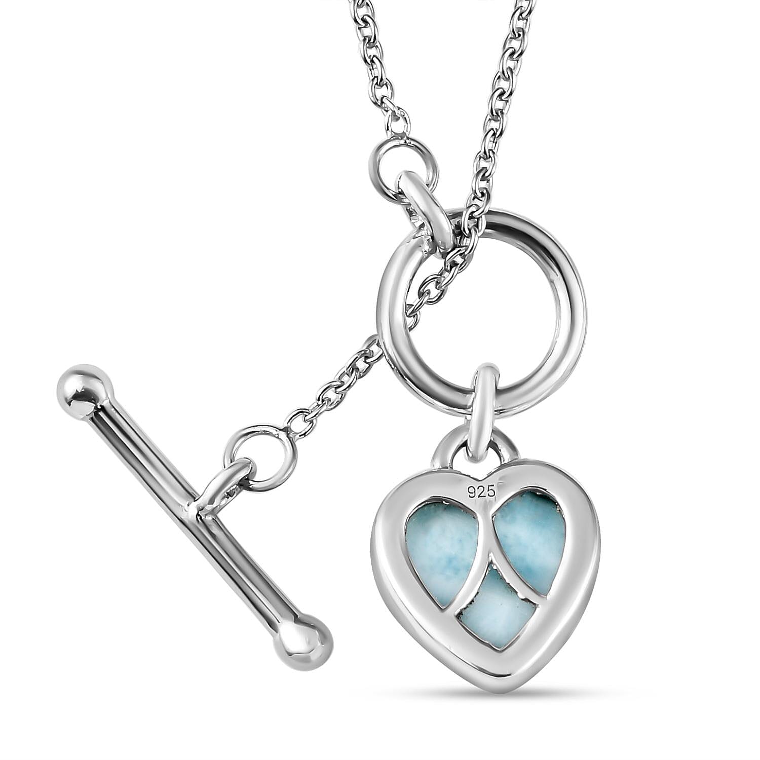 Larimar Heart Necklace (Size - 20) With T-Bar Clasp  in Platinum Overlay Sterling Silver 4.08 Ct