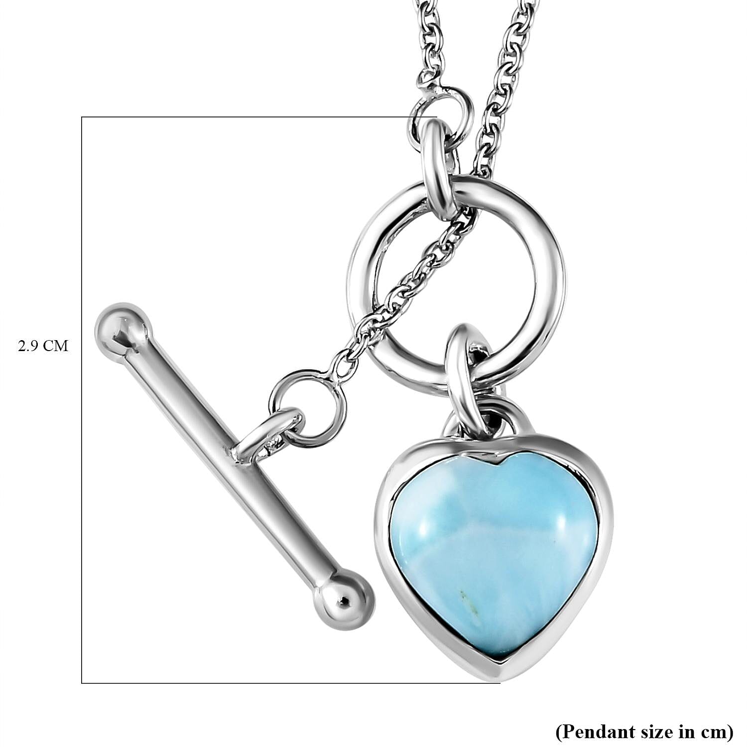 Larimar Heart Necklace (Size - 20) With T-Bar Clasp  in Platinum Overlay Sterling Silver 4.08 Ct