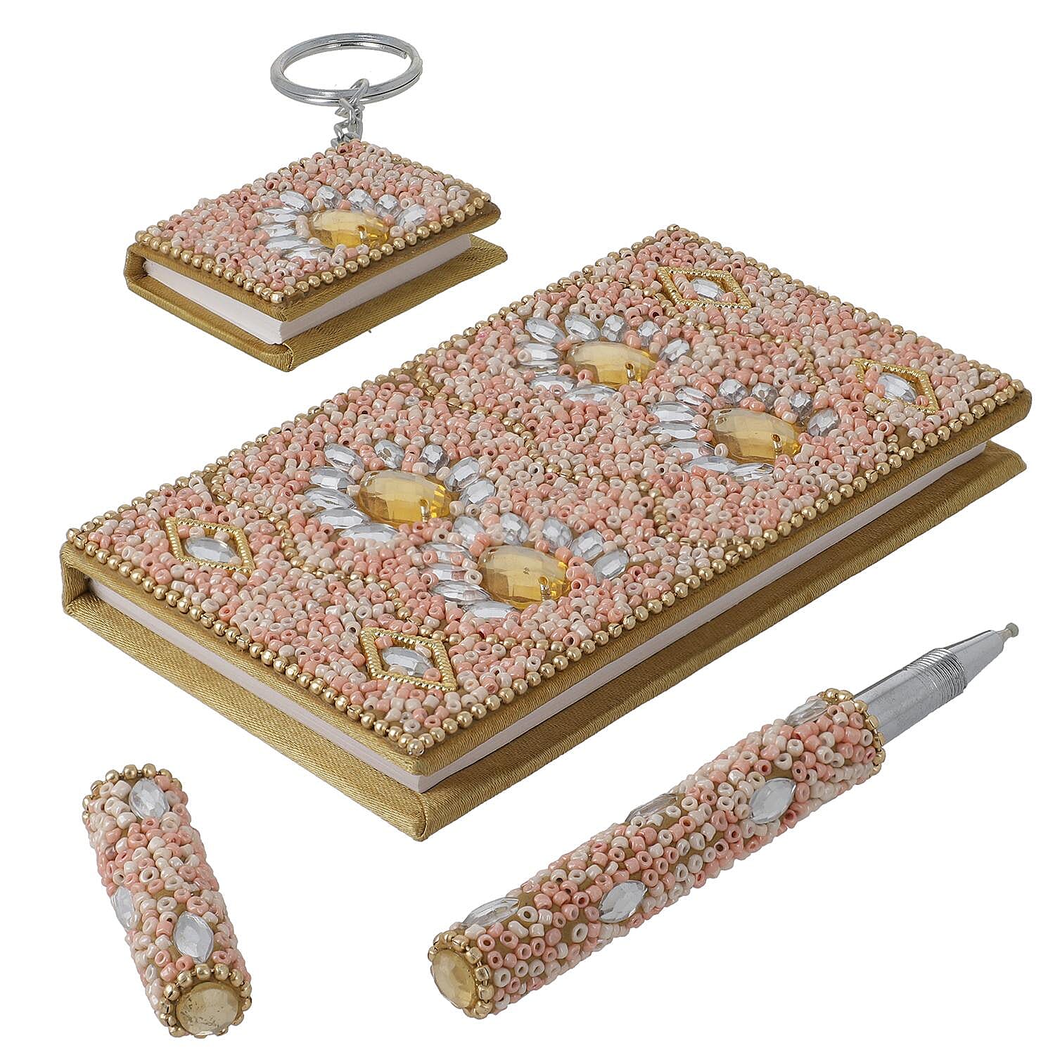3 Piece Set - Beads Decorative Diary (Size 13 Cm), Keychain (Size 5x4 Cm) and Pen - Peach Colour