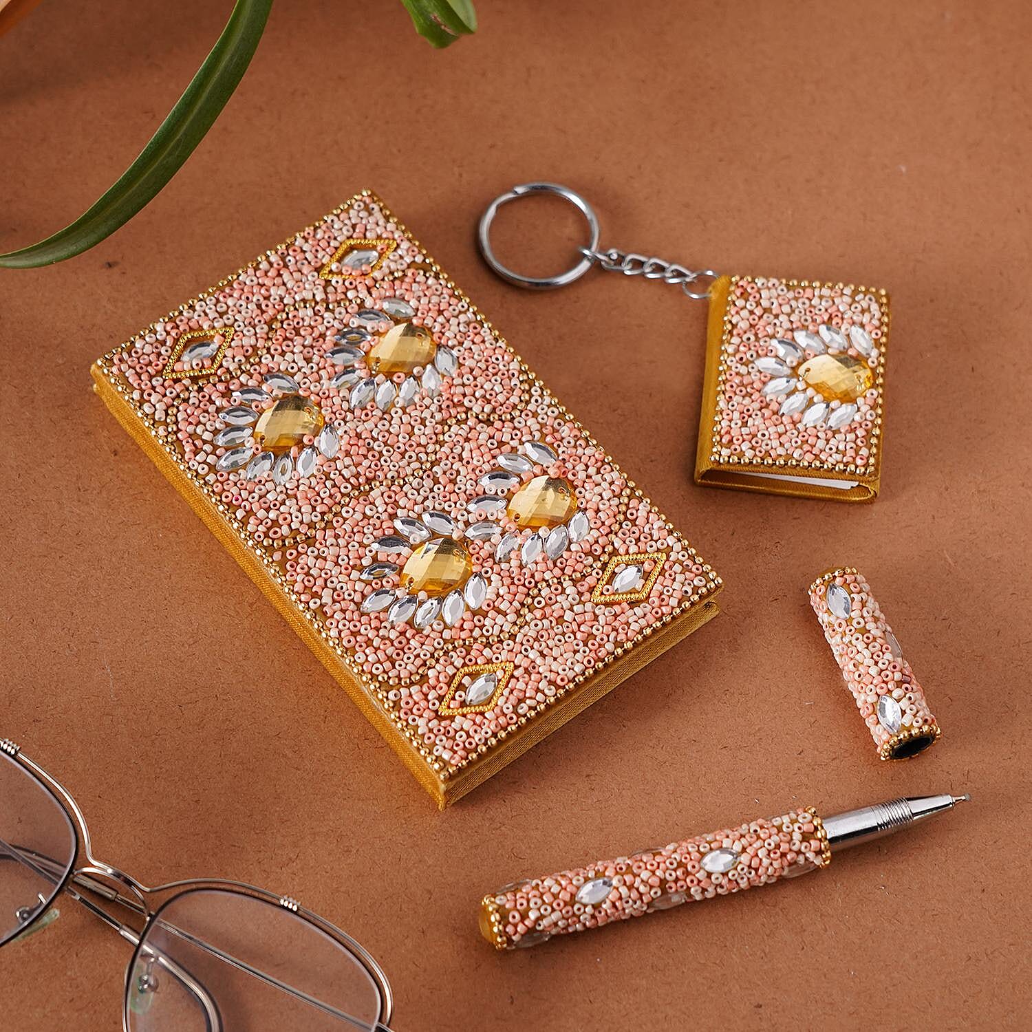 3 Piece Set - Beads Decorative Diary (Size 13 Cm), Keychain (Size 5x4 Cm) and Pen - Peach Colour