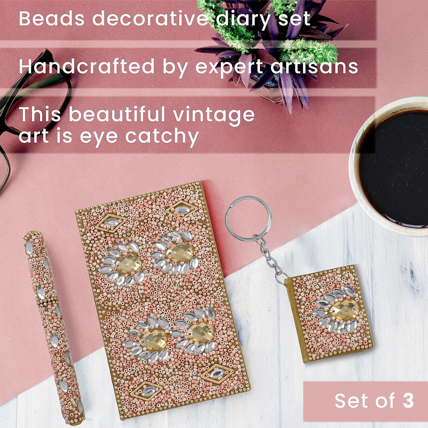 3 Piece Set - Beads Decorative Diary (Size 13 Cm), Keychain (Size 5x4 Cm) and Pen - Peach Colour