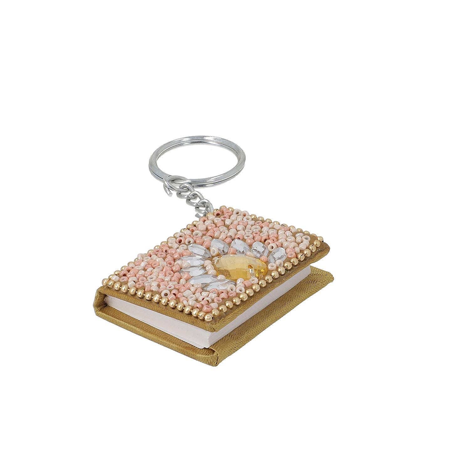 3 Piece Set - Beads Decorative Diary (Size 13 Cm), Keychain (Size 5x4 Cm) and Pen - Peach Colour