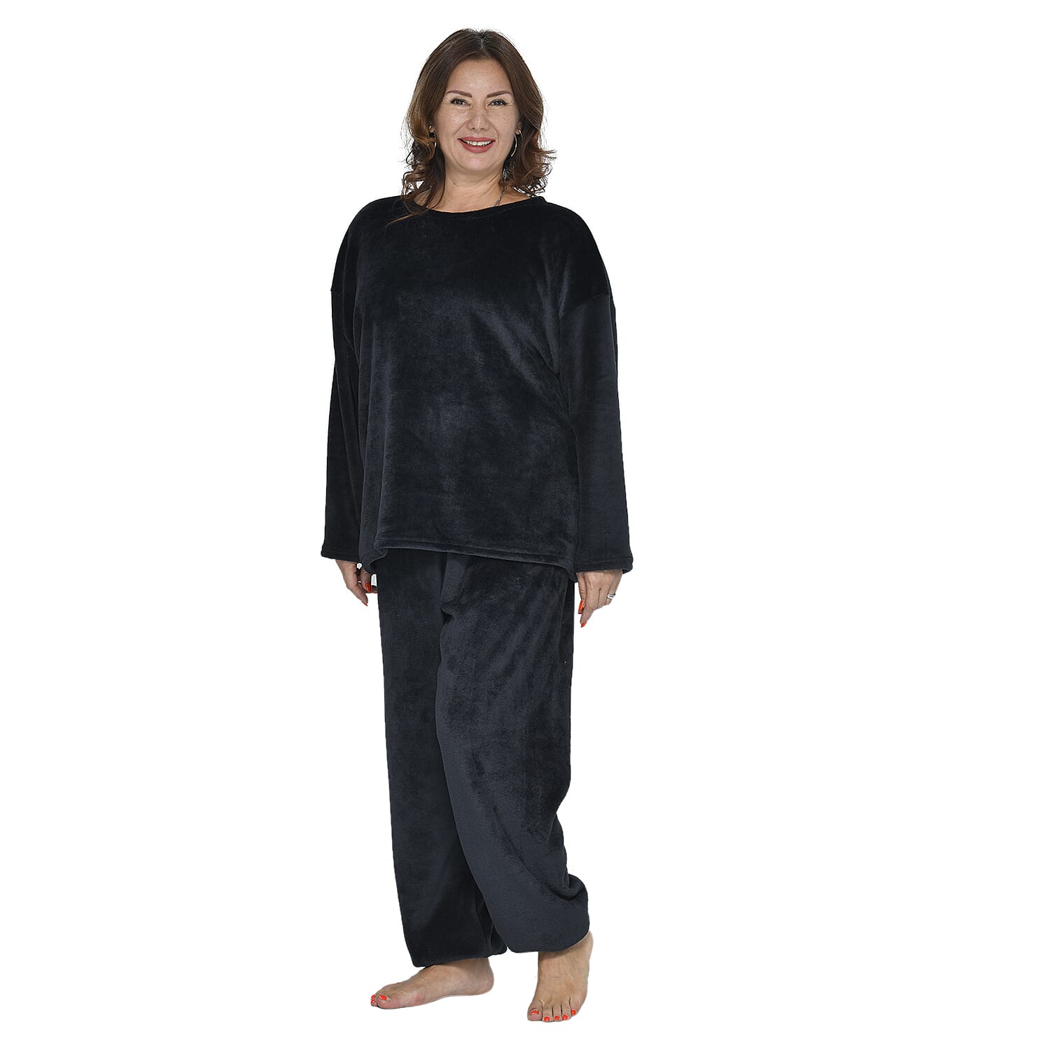 Faux Fur Long Sleeves Sleepwear Set Black 1634858125 TJC