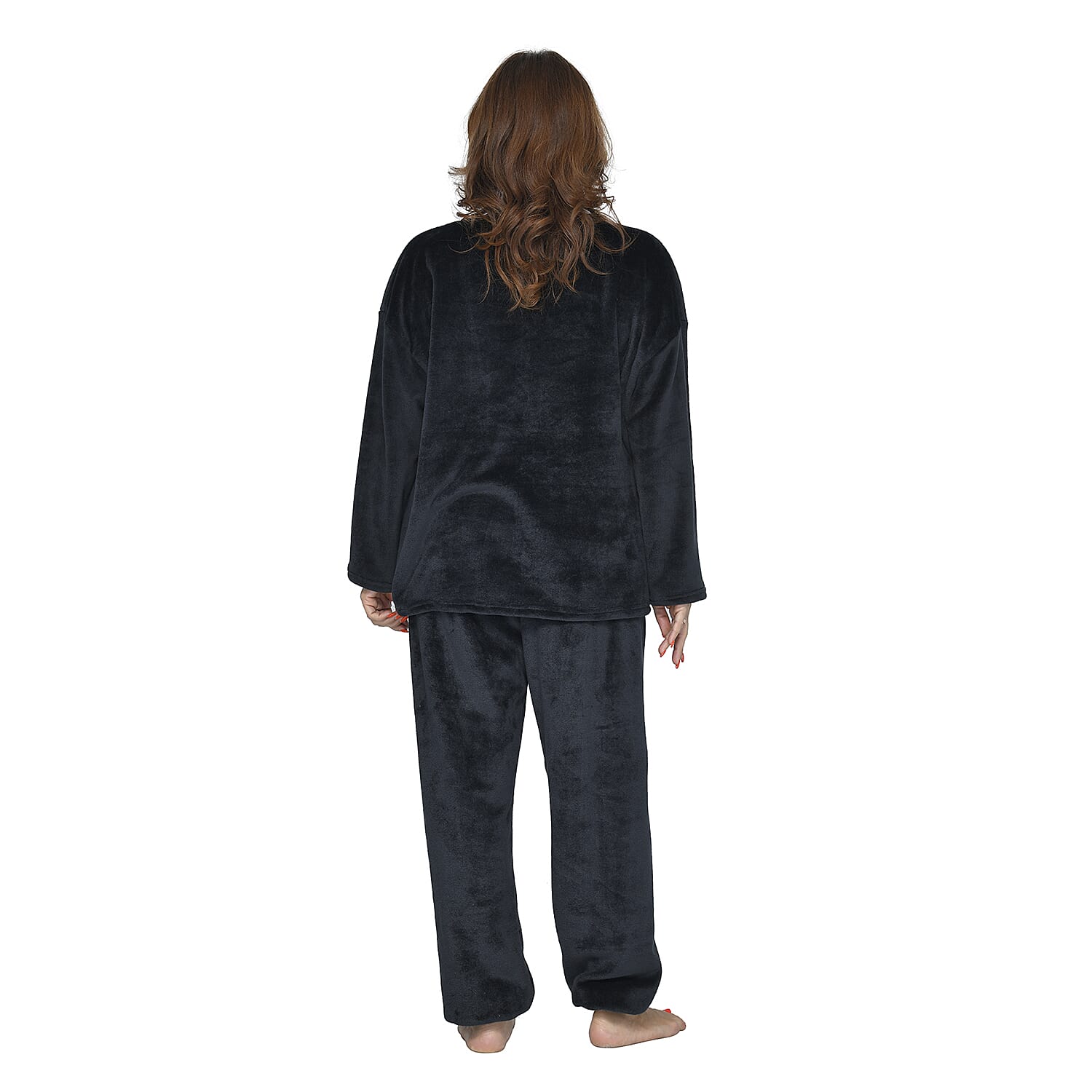 Faux Fur Long Sleeves Sleepwear Set - Black