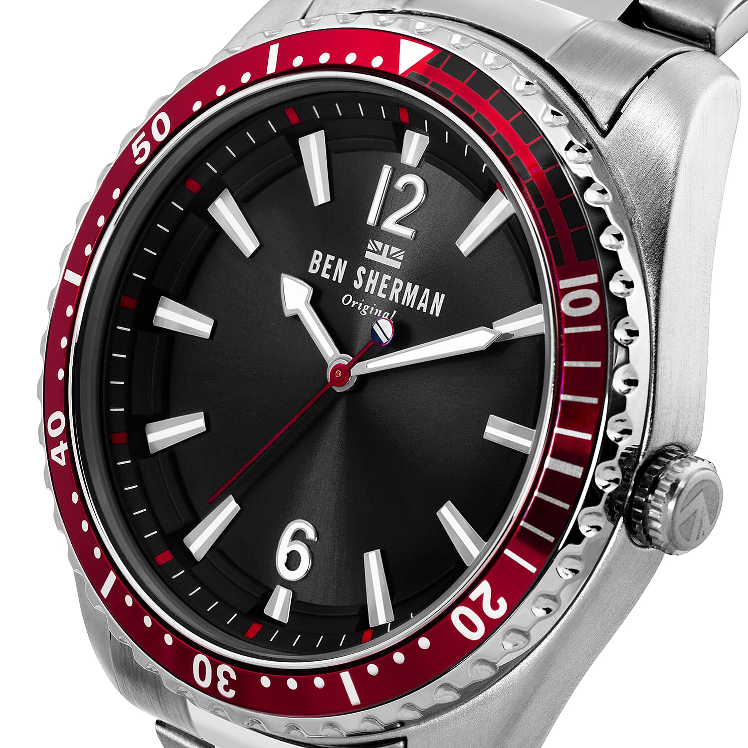 Ben Sherman London Mens Black Dial with Red Bezel Case Watch with Chain Strap