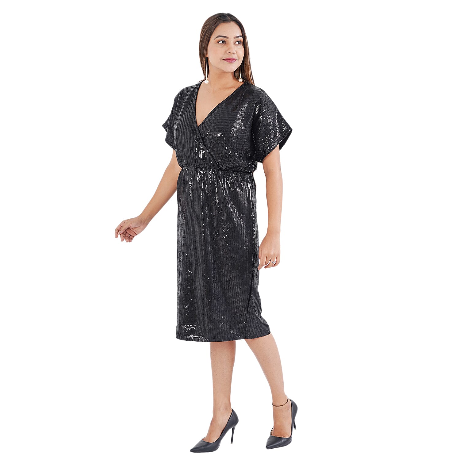 TAMSY Sequin V Neck Midi Dress (Size 8) - Black