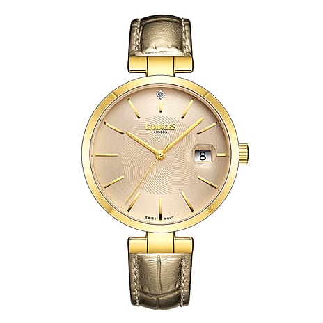 GAMAGES OF LONDON Swiss Movement Spiral Diamond Studded Watch with Champagne Colour Strap
