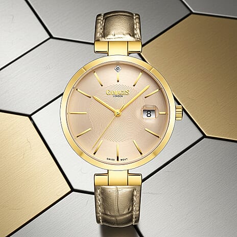 GAMAGES OF LONDON Swiss Movement Spiral Diamond Studded Watch with Champagne Colour Strap