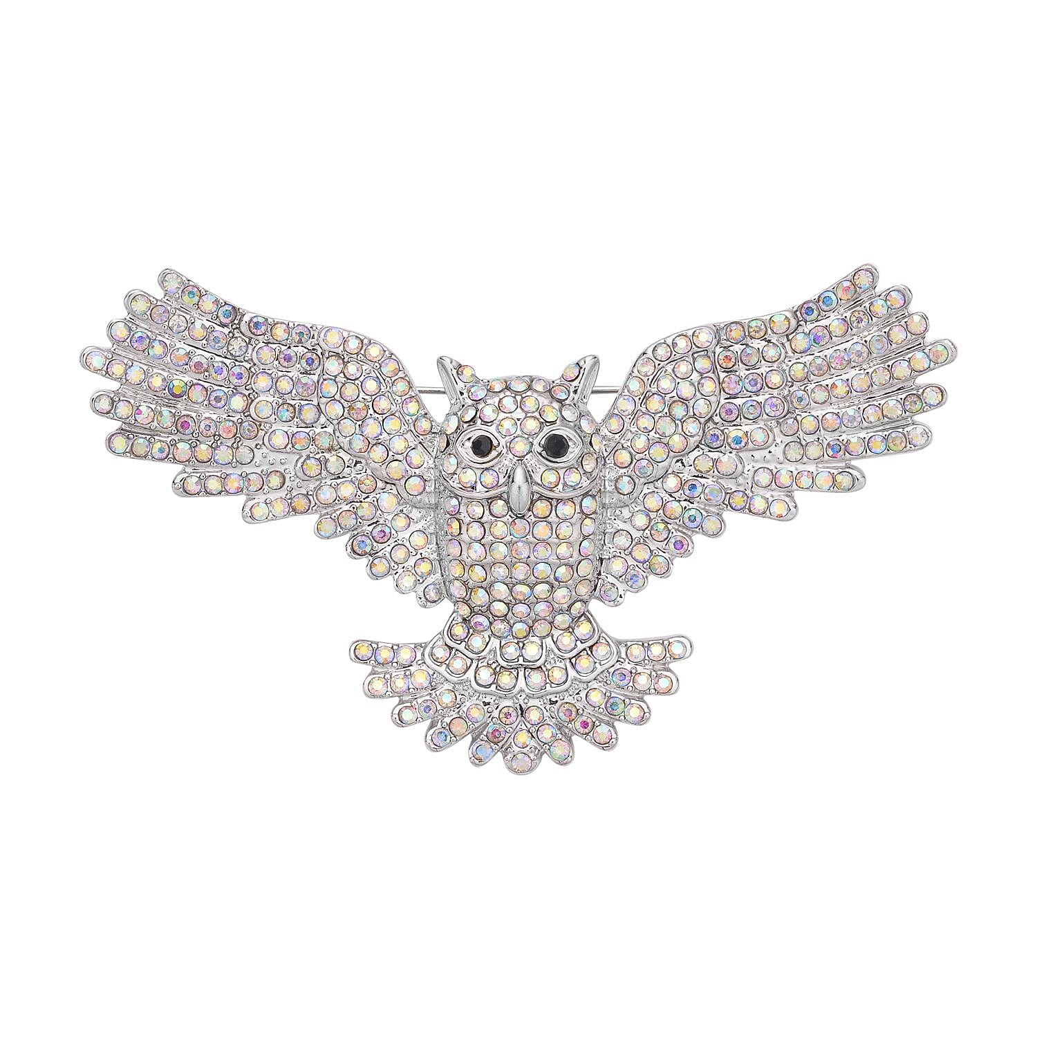 Doorbuster - Simulated AB White Crystal and Black Austrian Crystal Owl Brooch or Pendant in Silver Tone