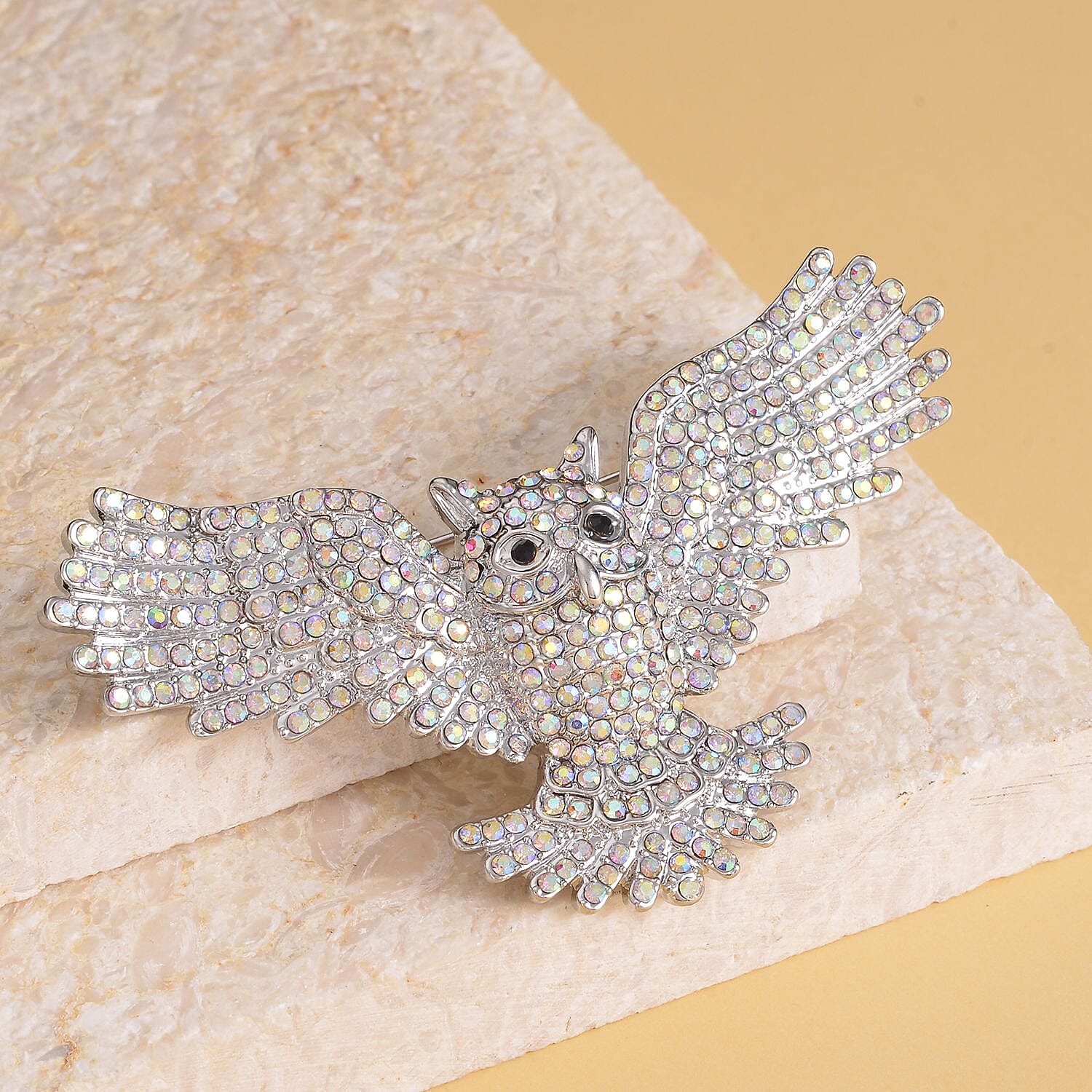 Doorbuster - Simulated AB White Crystal and Black Austrian Crystal Owl Brooch or Pendant in Silver Tone