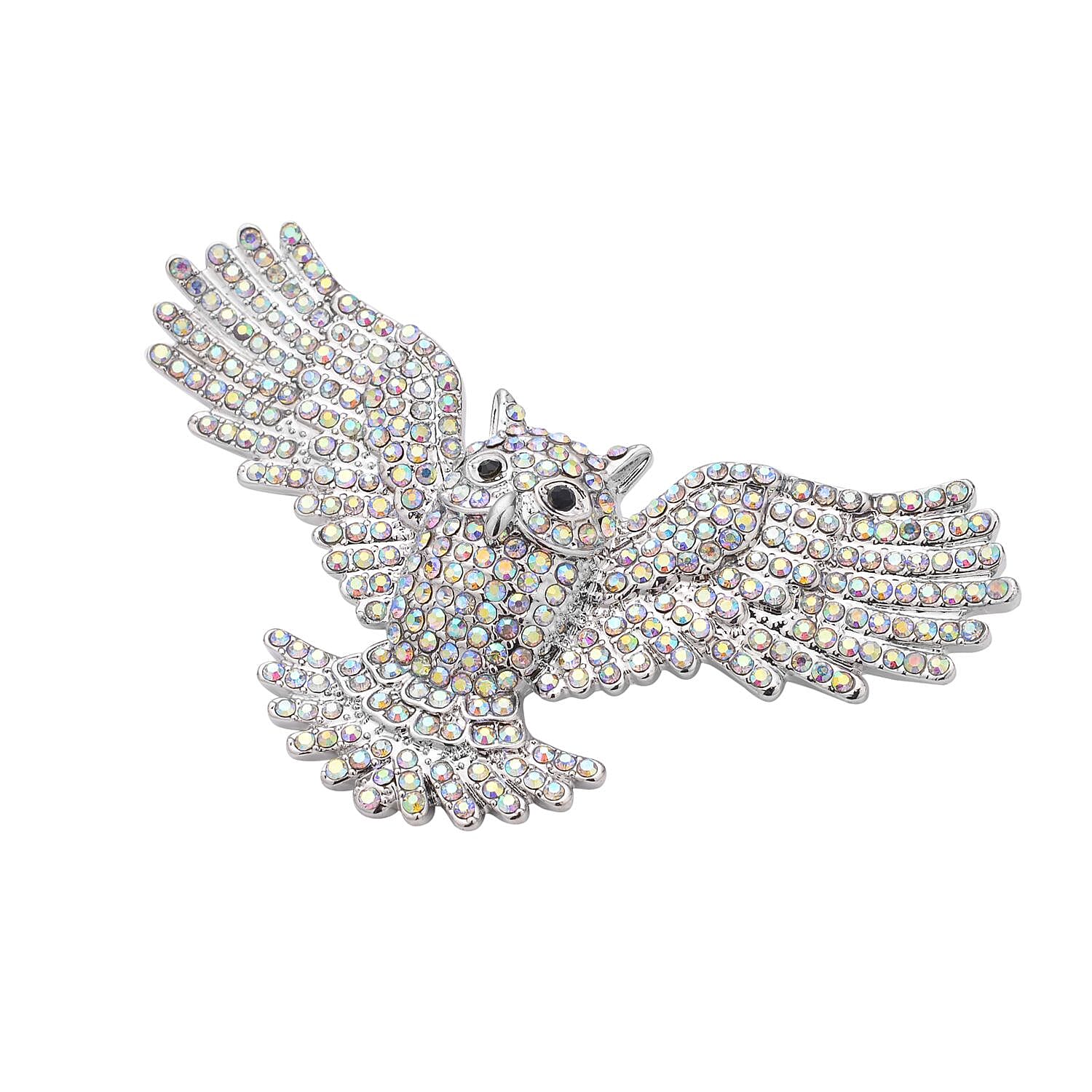 Doorbuster - Simulated AB White Crystal and Black Austrian Crystal Owl Brooch or Pendant in Silver Tone