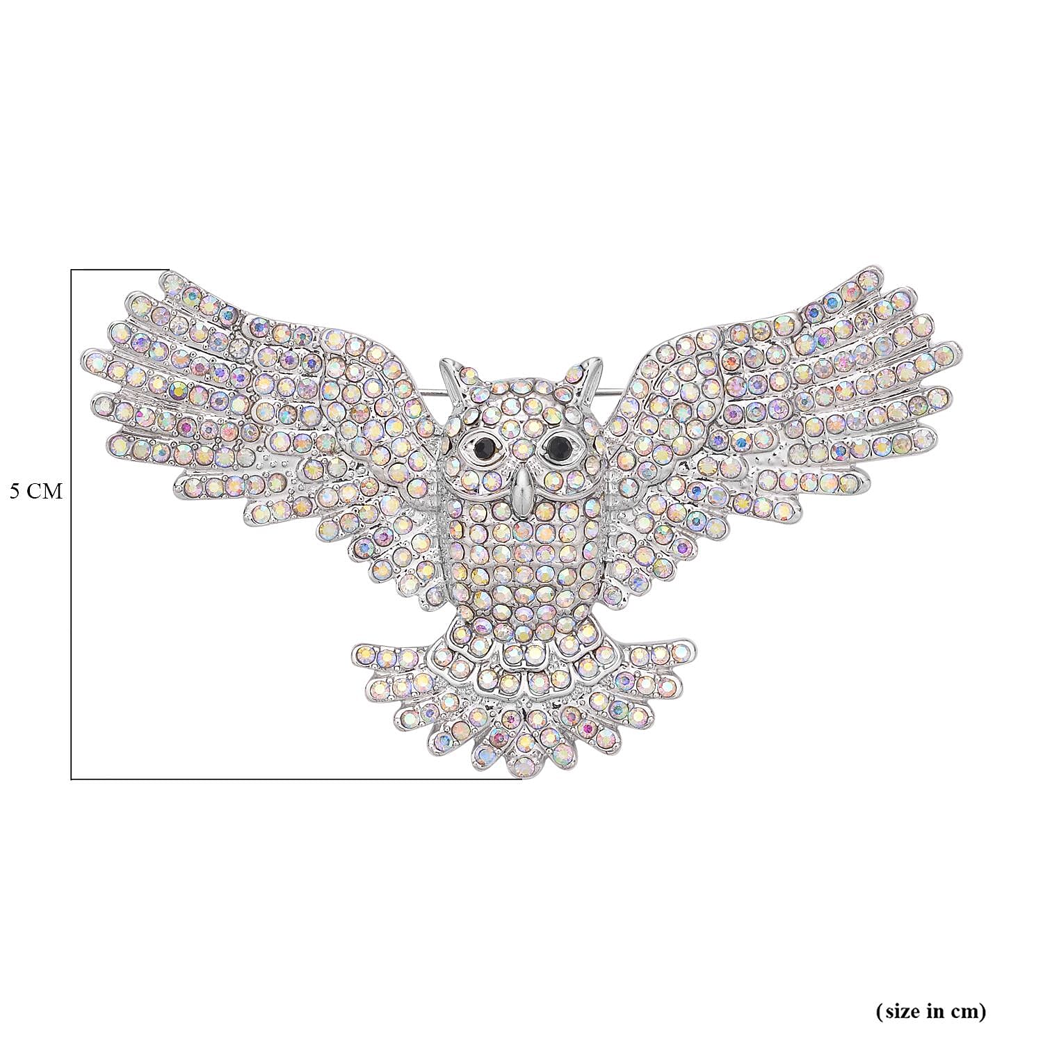 Doorbuster - Simulated AB White Crystal and Black Austrian Crystal Owl Brooch or Pendant in Silver Tone