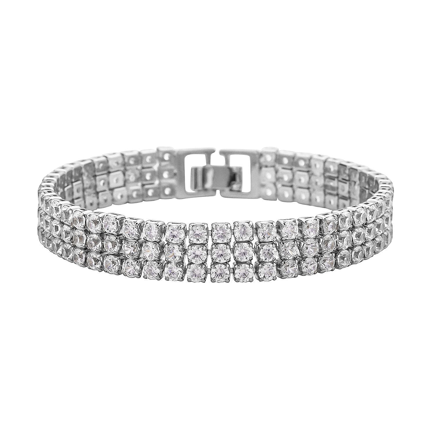 White Crystal Bracelet (Size - 7.5) In Silver Tone