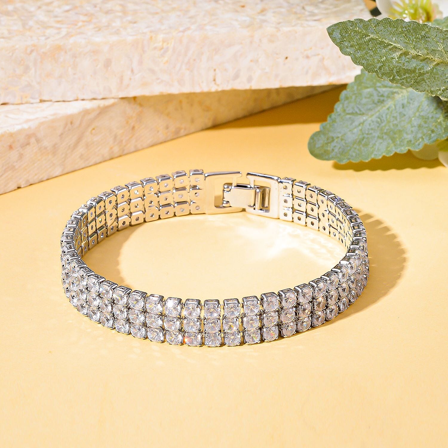 White Crystal Bracelet (Size - 7.5) In Silver Tone