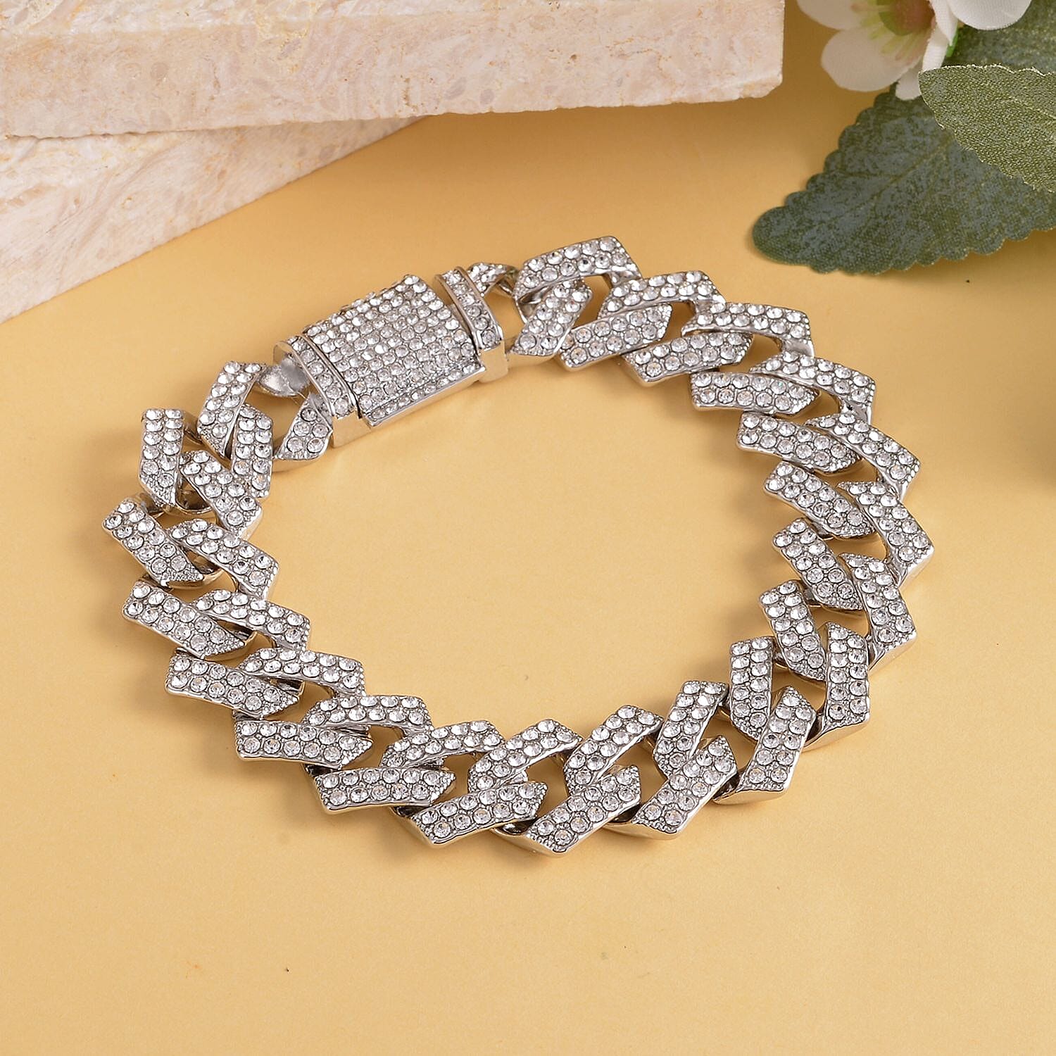 White Austrian Crystal Curb Chain Bracelet (Size - 7.5)