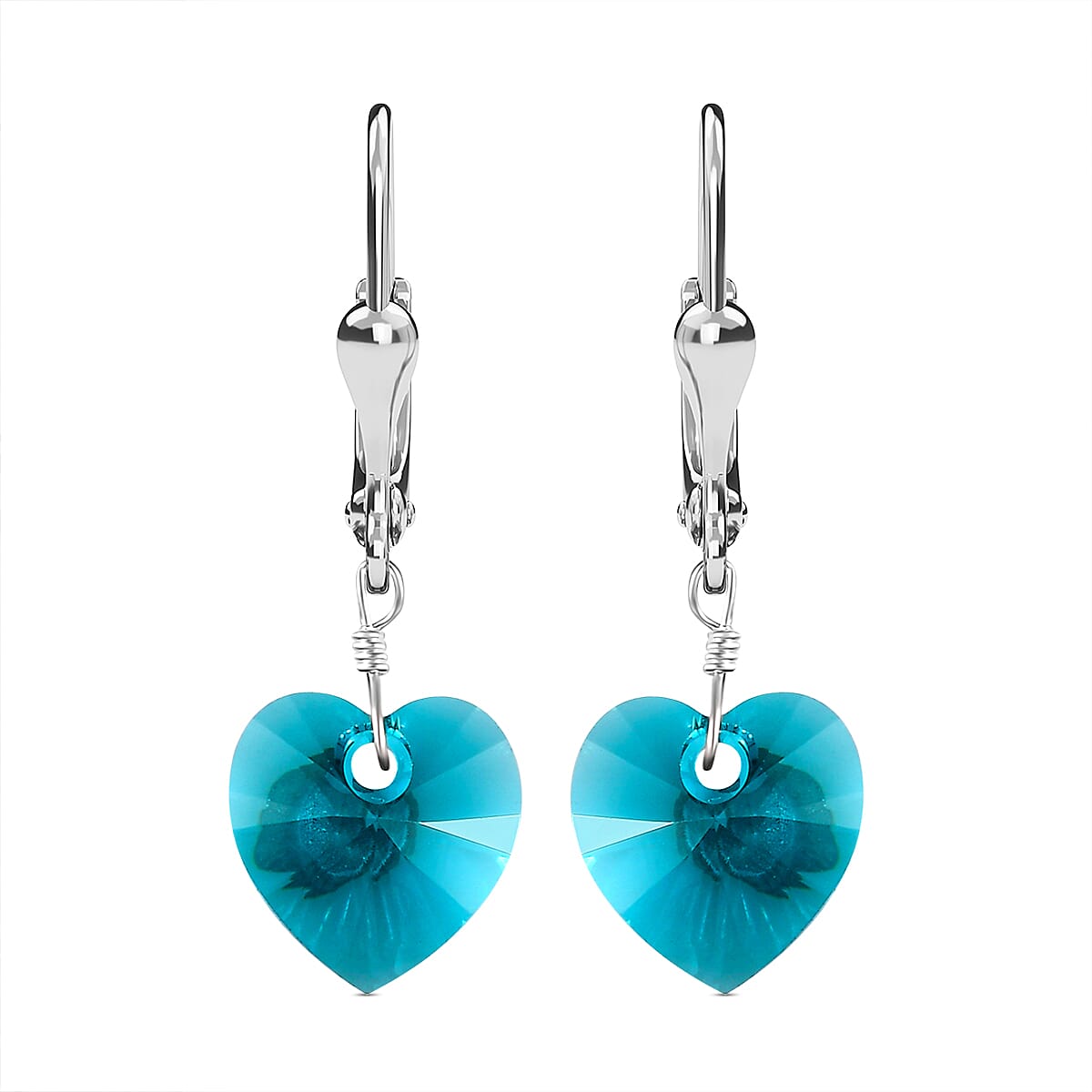 Blue Zircon Crystal Lever Back Heart Earrings in Sterling Silver