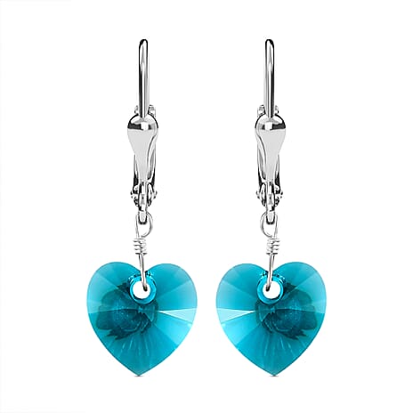 Blue Zircon Crystal Lever Back Heart Earrings in Sterling Silver