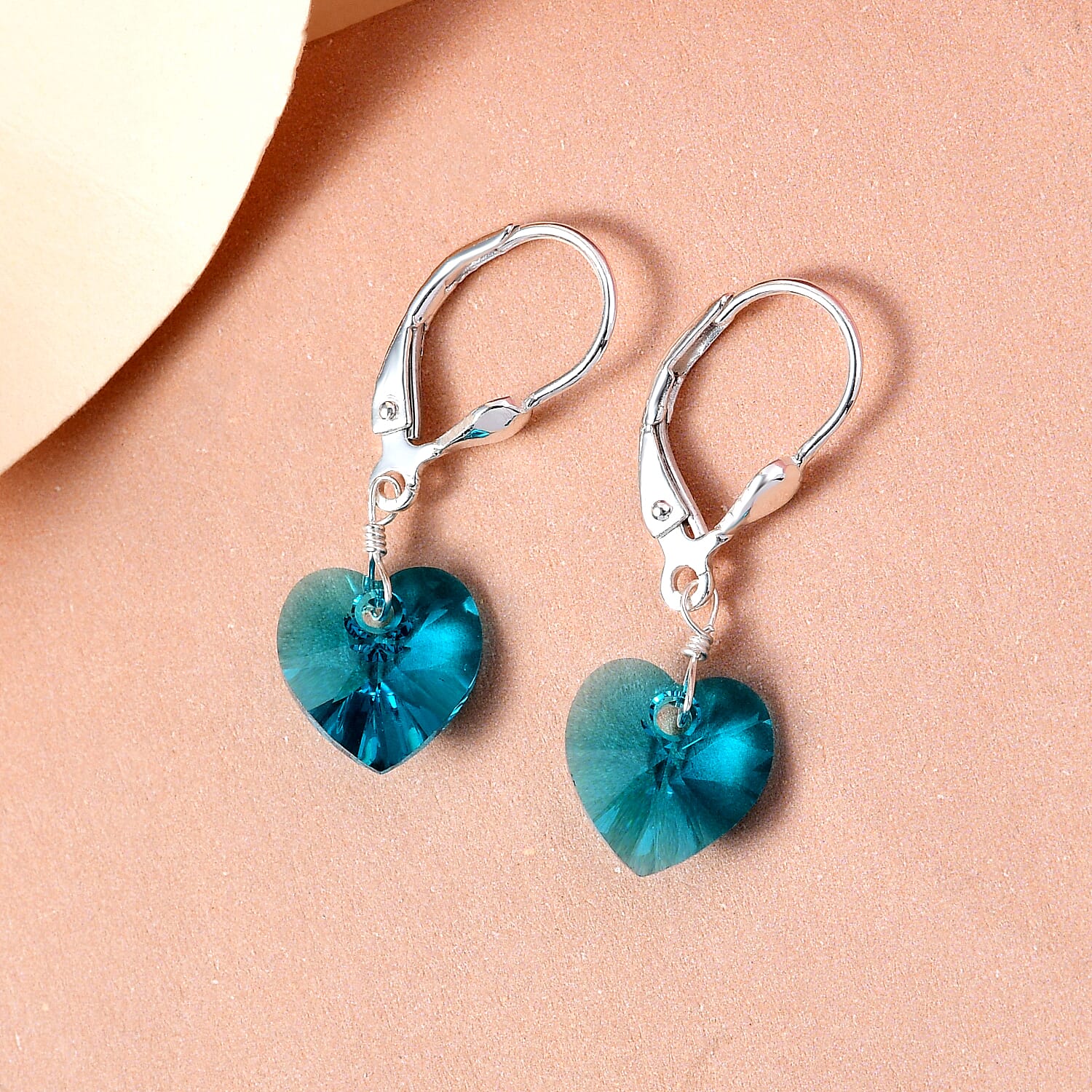 Blue Zircon Crystal Lever Back Heart Earrings in Sterling Silver