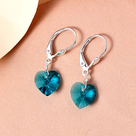 Blue Zircon Crystal Lever Back Heart Earrings in Sterling Silver