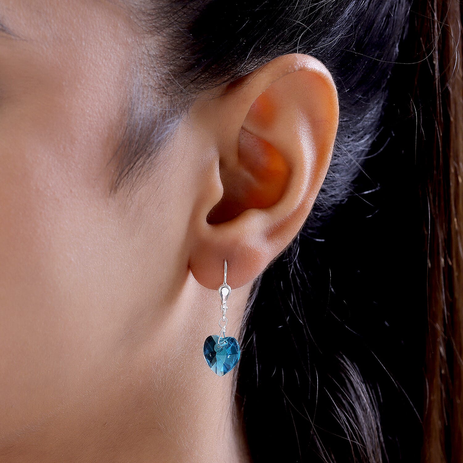 Blue Zircon Crystal Lever Back Heart Earrings in Sterling Silver