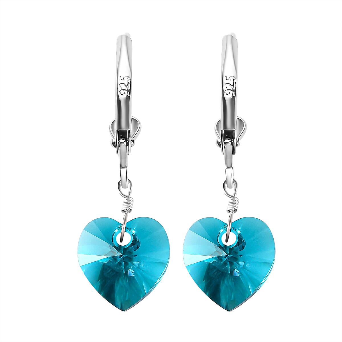 Blue Zircon Crystal Lever Back Heart Earrings in Sterling Silver
