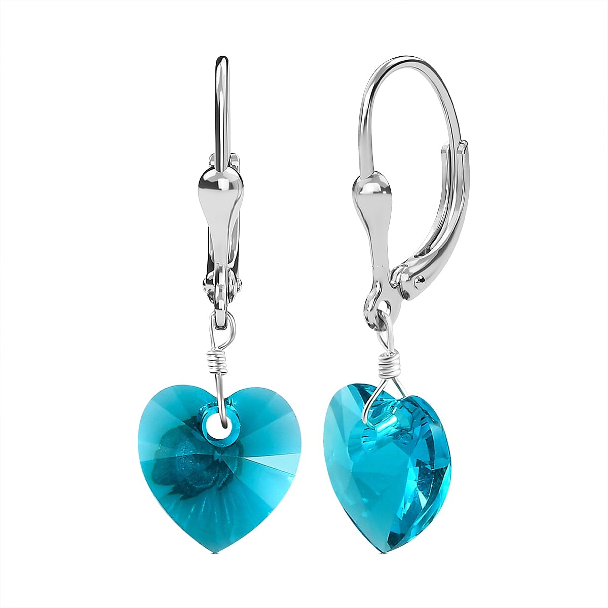 Blue Zircon Crystal Lever Back Heart Earrings in Sterling Silver